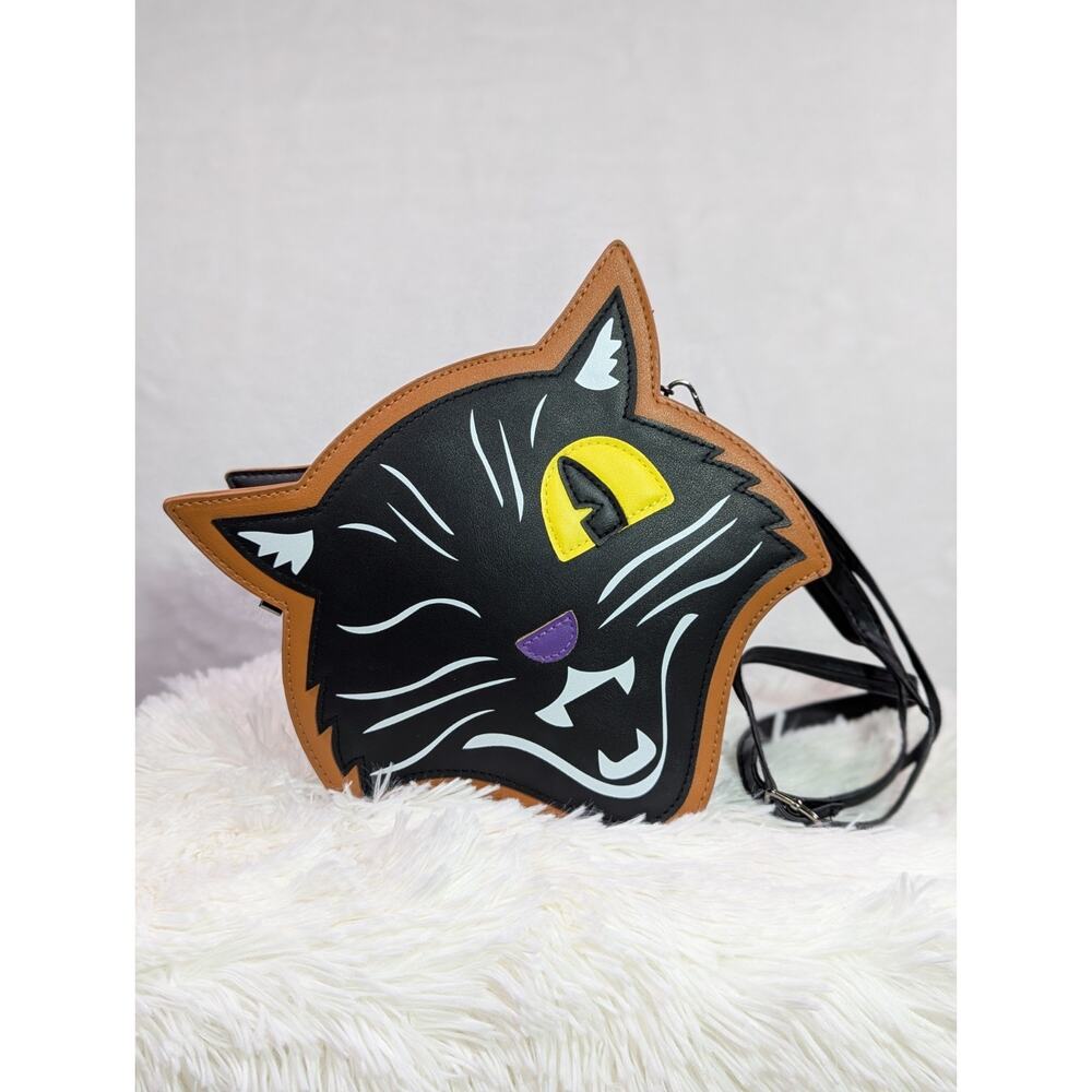 Spirit Halloween Winking Black Cat Crossbody Bag Adj Strap EUC